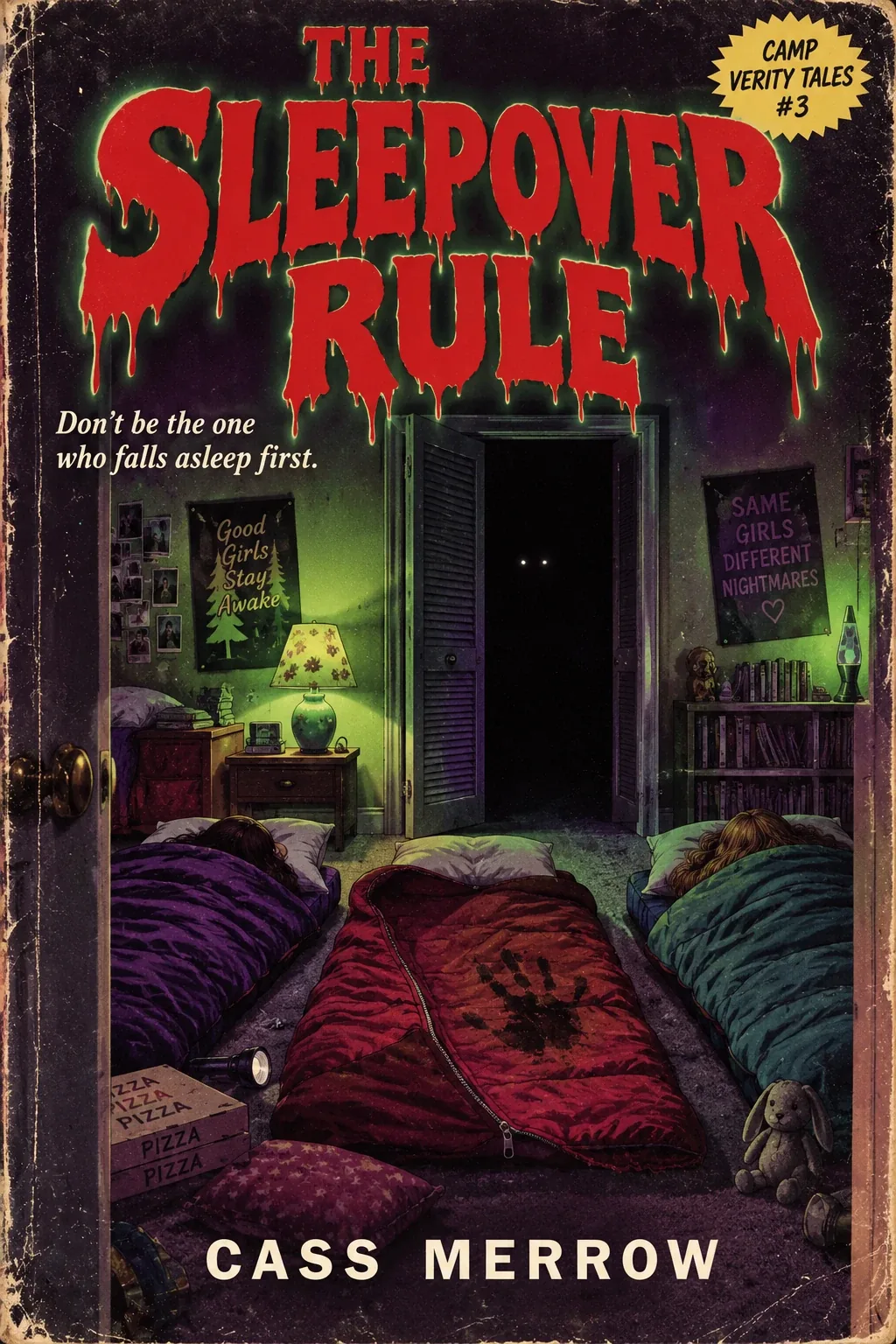 sample young adult book cover design: The Sleepover Rule, a dark cabin room with sleeping bags in green light
