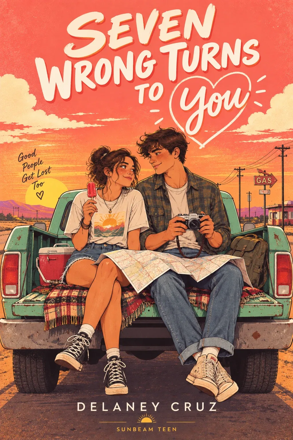 sample young adult book cover design: Seven Wrong Turns to You, an illustrated couple on a pickup truck at sunset