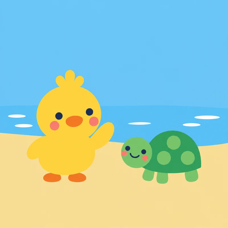 board book illustration of a yellow duckling saying hello to a turtle on a sandy shore