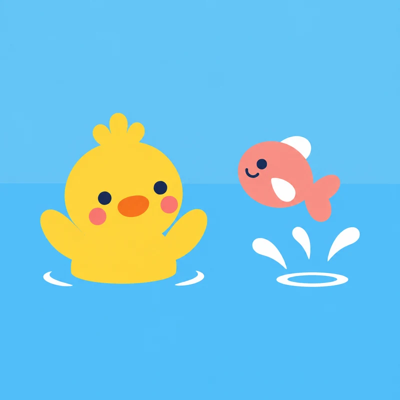 board book illustration of a yellow duckling surprised by a leaping fish