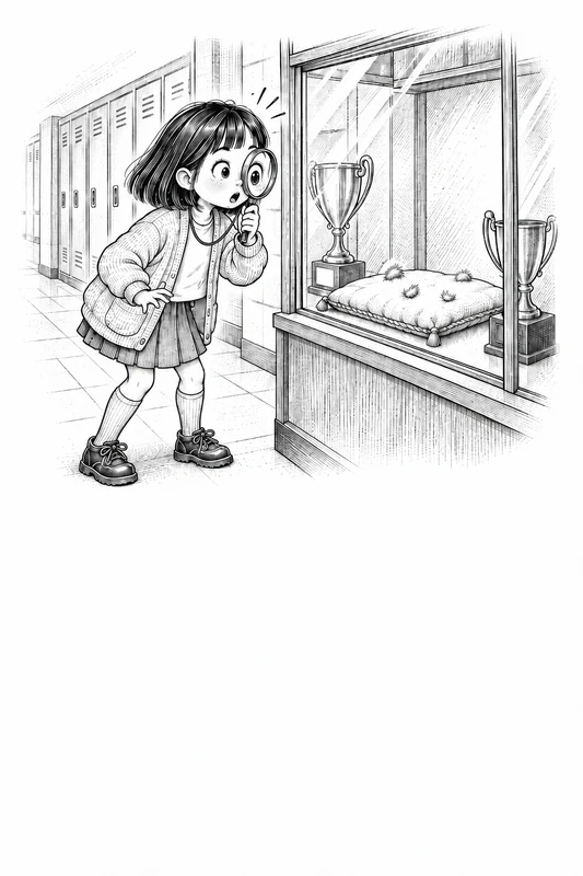 chapter book illustration of a girl detective discovering an empty trophy case, black-and-white line art