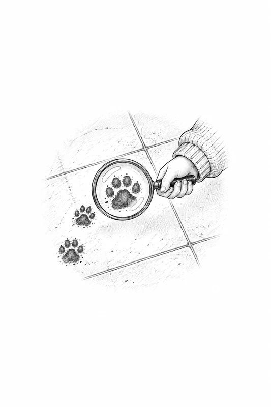 chapter book illustration of a magnifying glass over a muddy paw print, black-and-white line art
