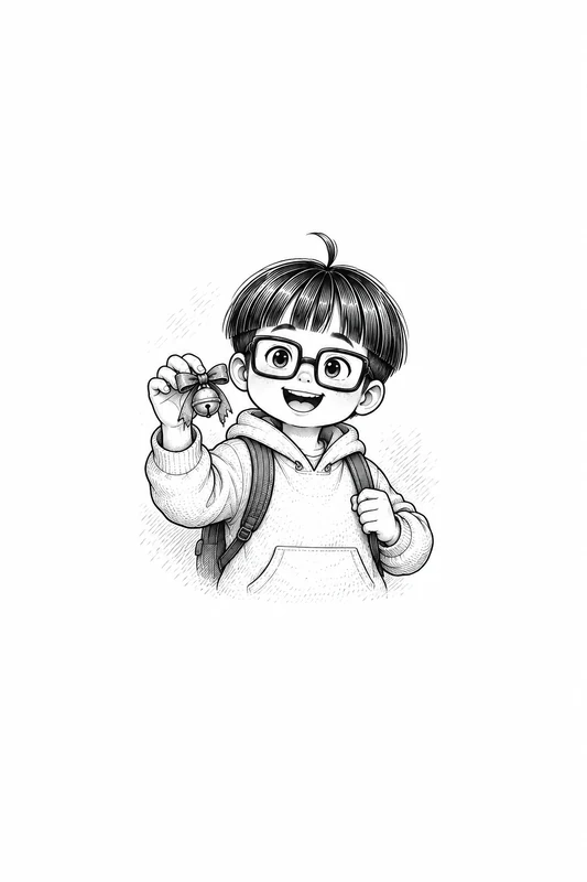 chapter book illustration of a boy proudly holding up a chewed ribbon clue, black-and-white line art