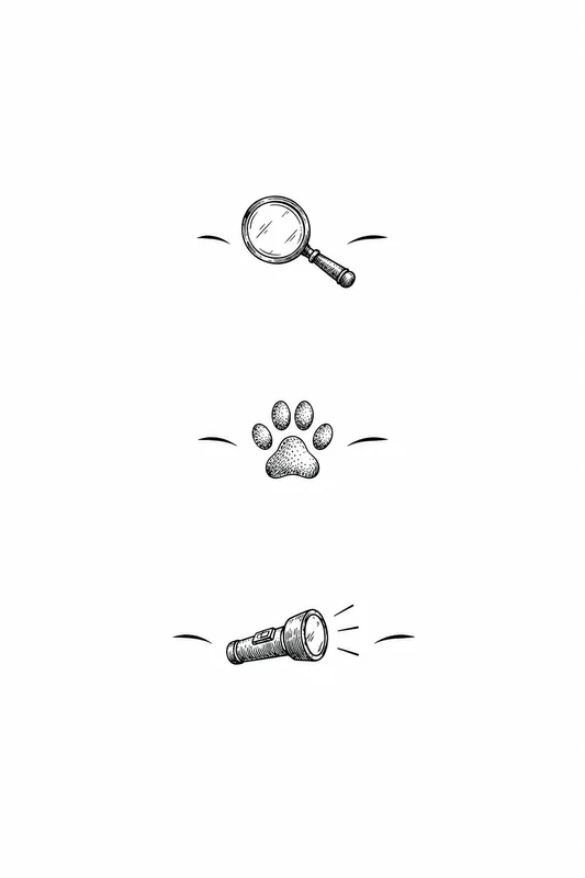 chapter book illustration of three scene-break ornaments: a magnifying glass, a paw print and a flashlight, black-and-white line art