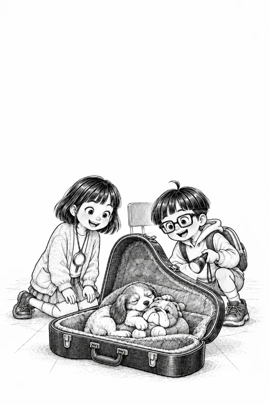 chapter book illustration of two kids finding a sleeping puppy cuddling a stuffed mascot in a tuba case, black-and-white line art