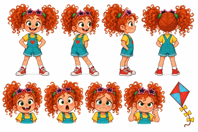 children's book character design sheet showing one character from several angles