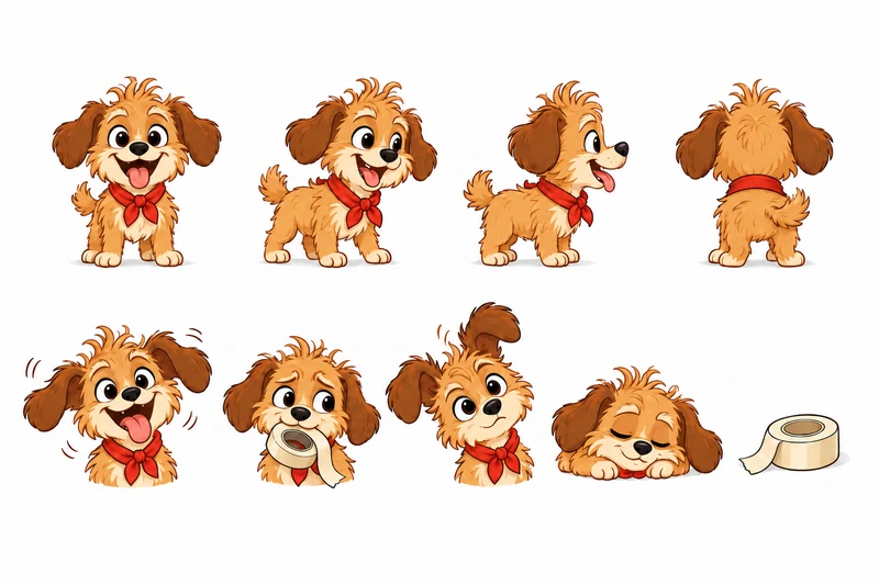 character design sheet for a children's book, a scruffy little dog with a red bandana