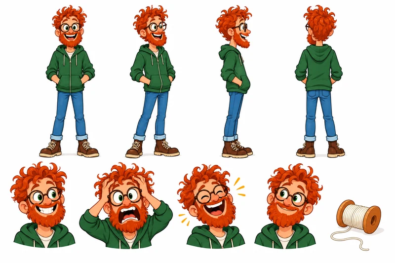 character design sheet for a children's book, a tall red-bearded dad in glasses