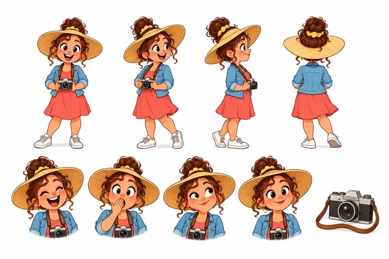 character design sheet for a children's book, a mom in a straw sun hat with a camera