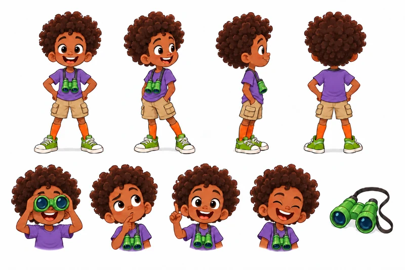 character design sheet for a children's book, a boy with an afro and toy binoculars