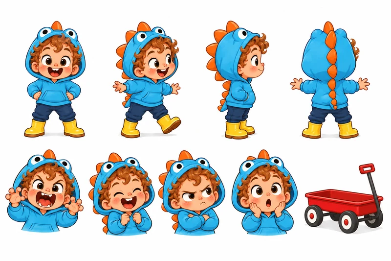 character design sheet for a children's book, a toddler in a dinosaur hoodie with a red wagon