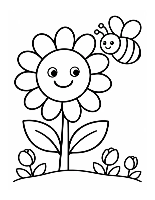 coloring book line art of a smiling sunflower and a bumblebee