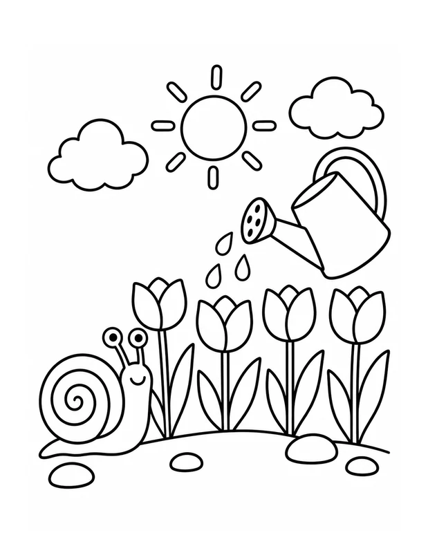coloring book line art of a snail, a watering can and tulips