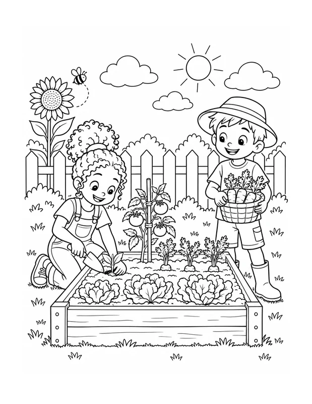 coloring book line art of two kids planting a vegetable garden