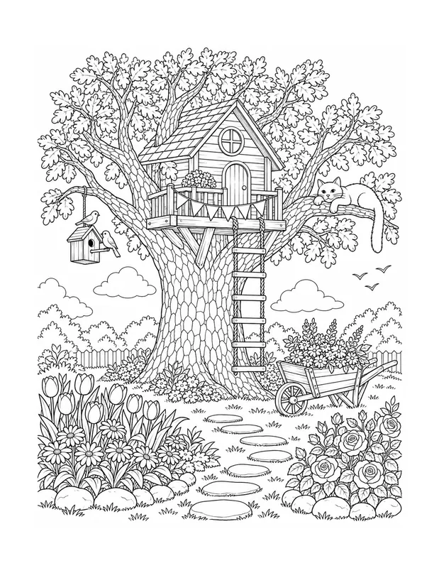 coloring book line art of a treehouse in an oak tree above a flower garden