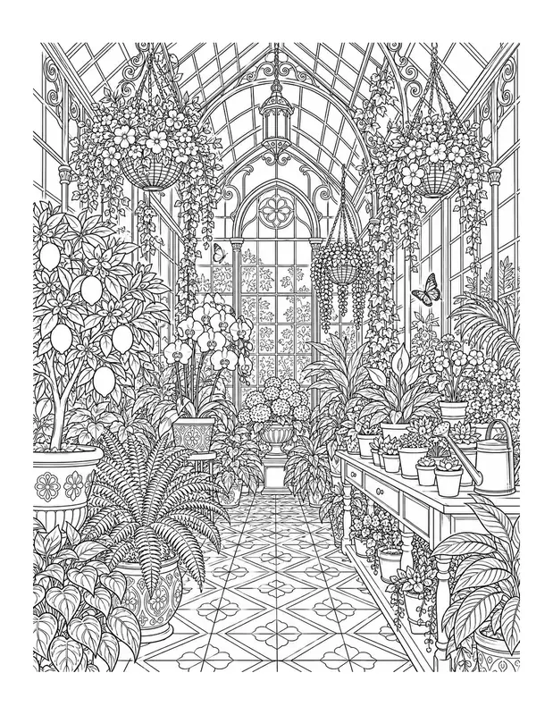 coloring book line art of a Victorian glass greenhouse full of plants