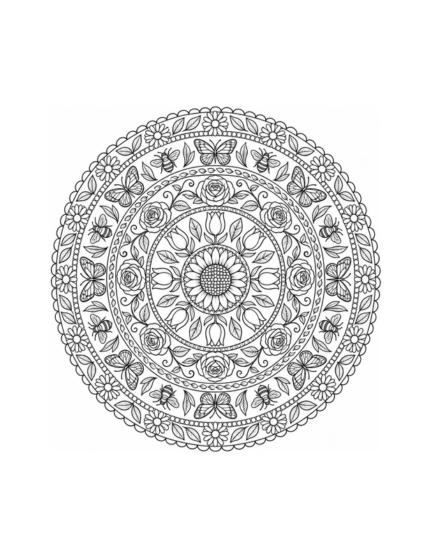 coloring book line art of a floral garden mandala