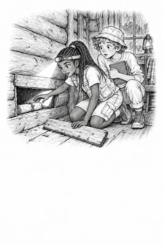 middle-grade book illustration of two kids discovering an old map hidden inside a cabin wall, Line Art & Ink style