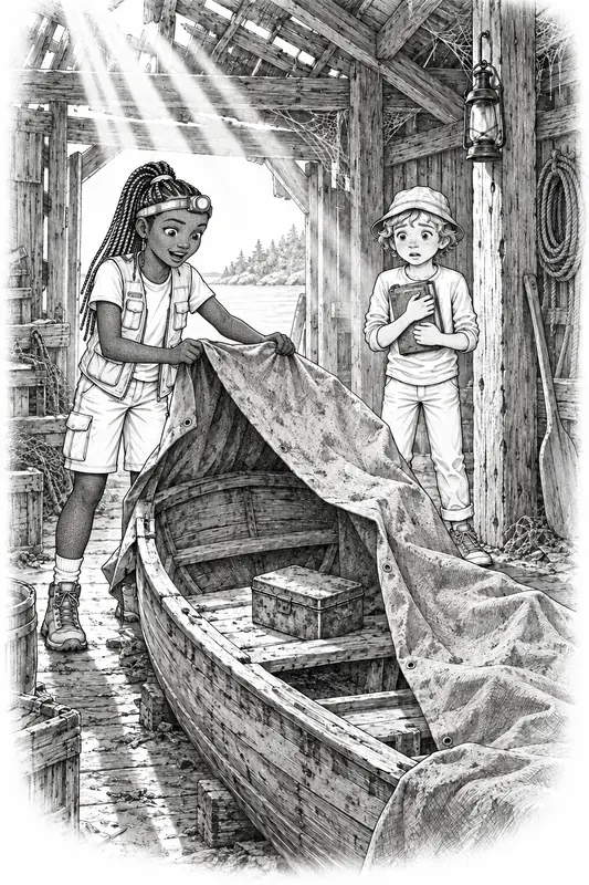 middle-grade book illustration of two kids uncovering a lost rowboat in a ruined boathouse, Line Art & Ink style