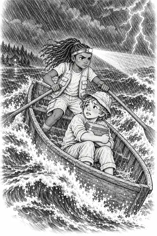 middle-grade book illustration of two kids rowing through a night storm on a lake, Line Art & Ink style