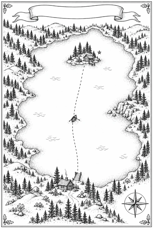 middle-grade book illustration of a hand-drawn map of a lake with a cabin, island and route, Line Art & Ink style