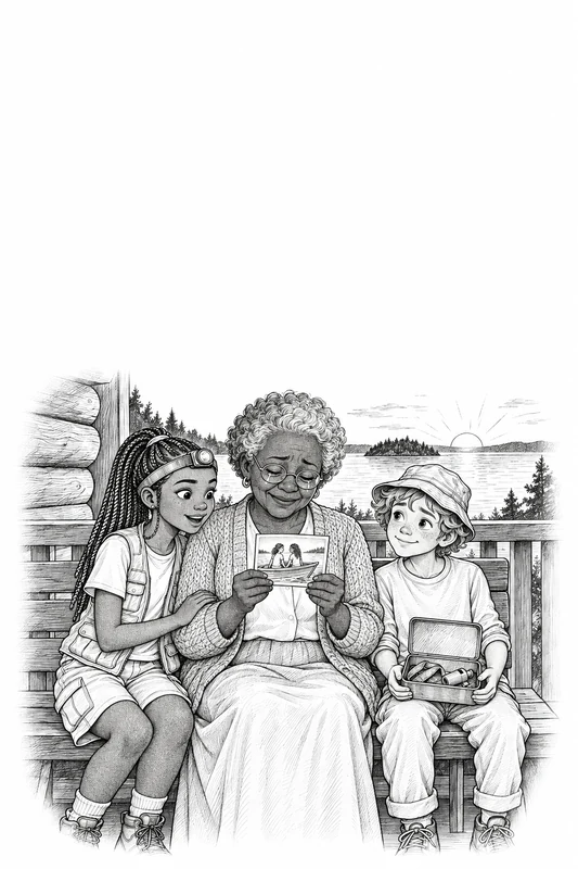 middle-grade book illustration of a grandmother sharing an old photograph with her grandchildren on a porch at sunset, Line Art & Ink style