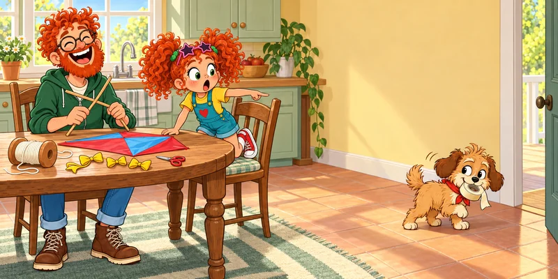 children's book illustration of a girl and her dad building a kite while their dog steals the tape, Cartoon & Expressive style