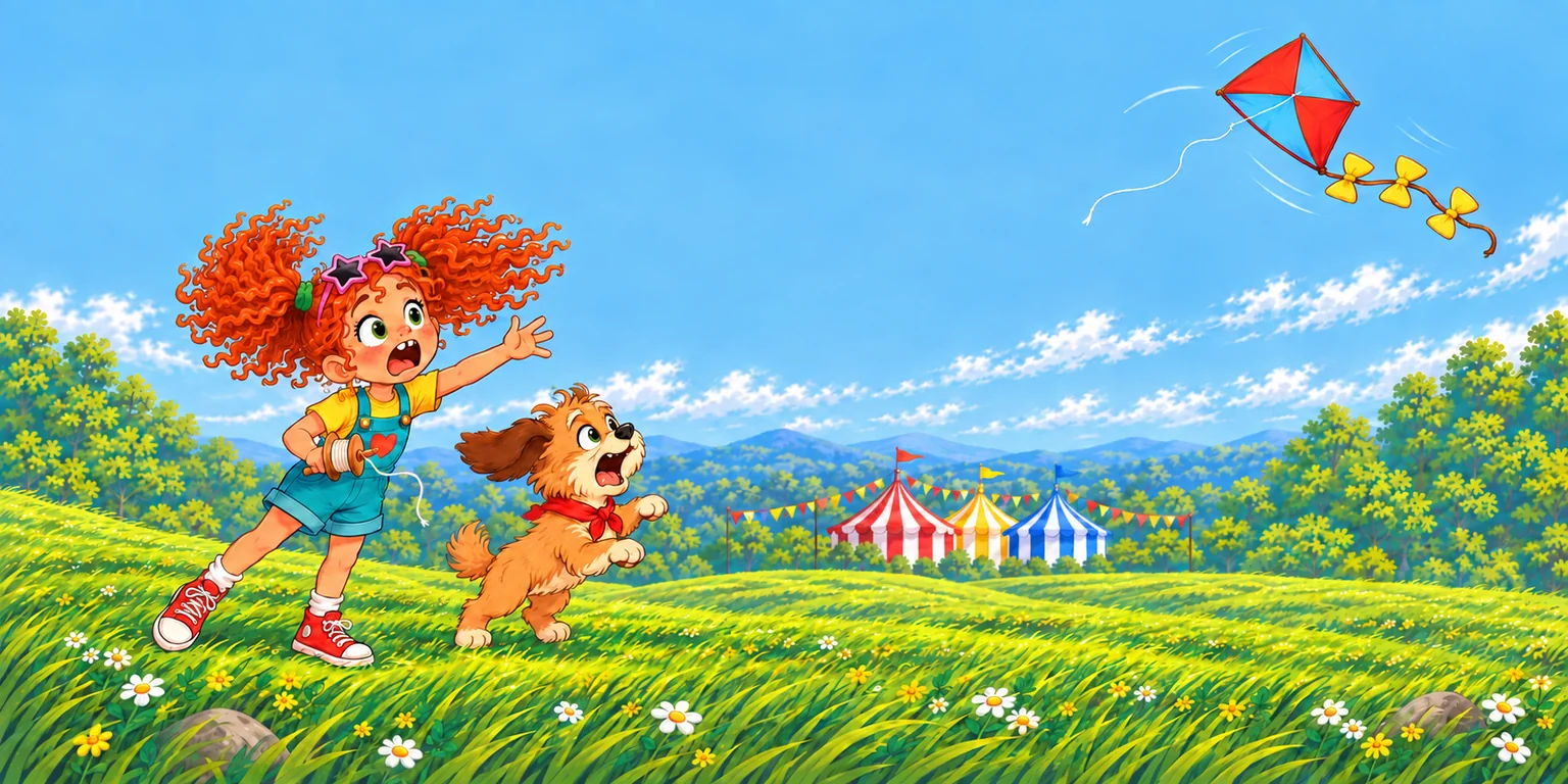 children's book illustration of a girl watching her kite string snap as her dog barks, Cartoon & Expressive style