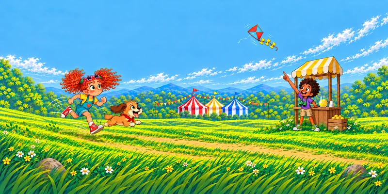 children's book illustration of a girl and her dog chasing a kite past a friend's lemonade stand, Cartoon & Expressive style