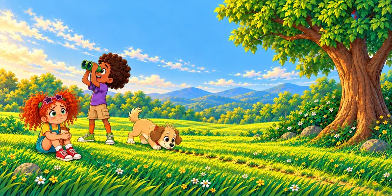 children's book illustration of a sad girl, her friend with binoculars and her dog searching for a lost kite, Cartoon & Expressive style