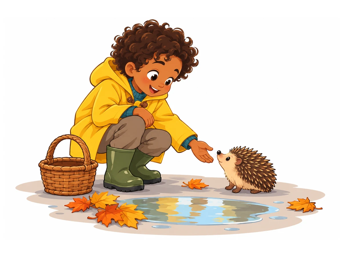 early reader illustration of a boy in a yellow raincoat meeting a hedgehog, Cartoon and Expressive style