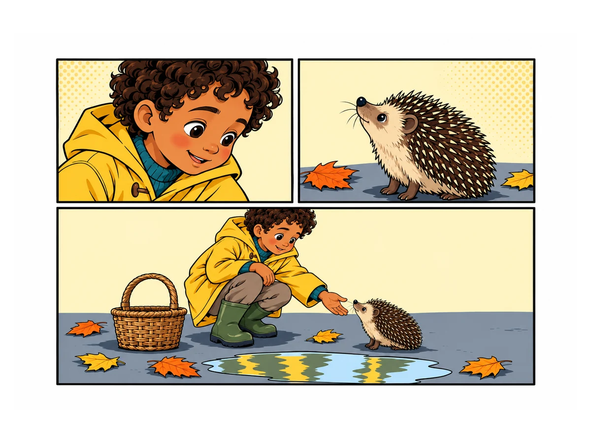 comic panels of a boy in a yellow raincoat meeting a hedgehog, Comic & Sequential Art style