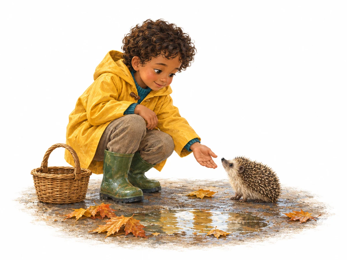 children's non-fiction illustration of a boy meeting a hedgehog, Detailed Realism style