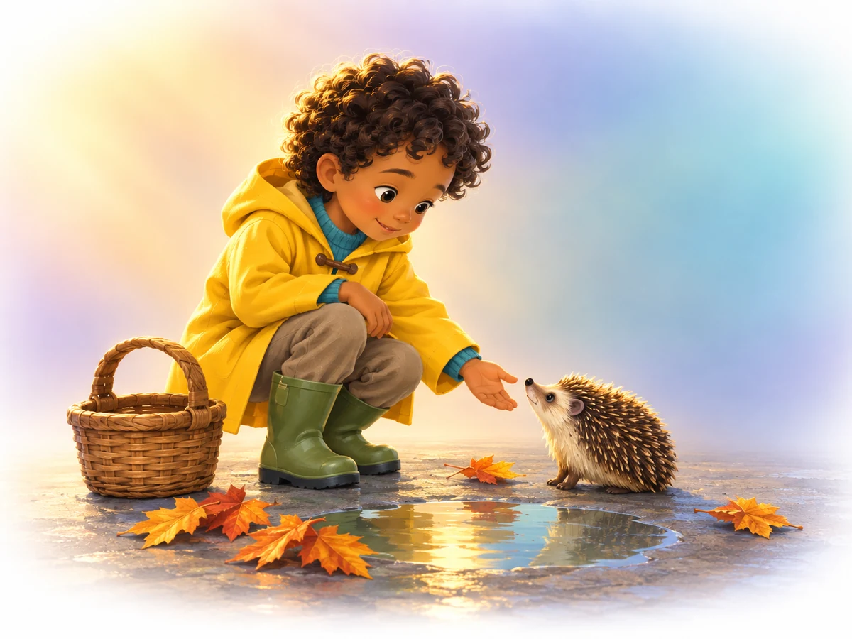 children's book illustration of a boy in a yellow raincoat meeting a hedgehog, Digital Painting style
