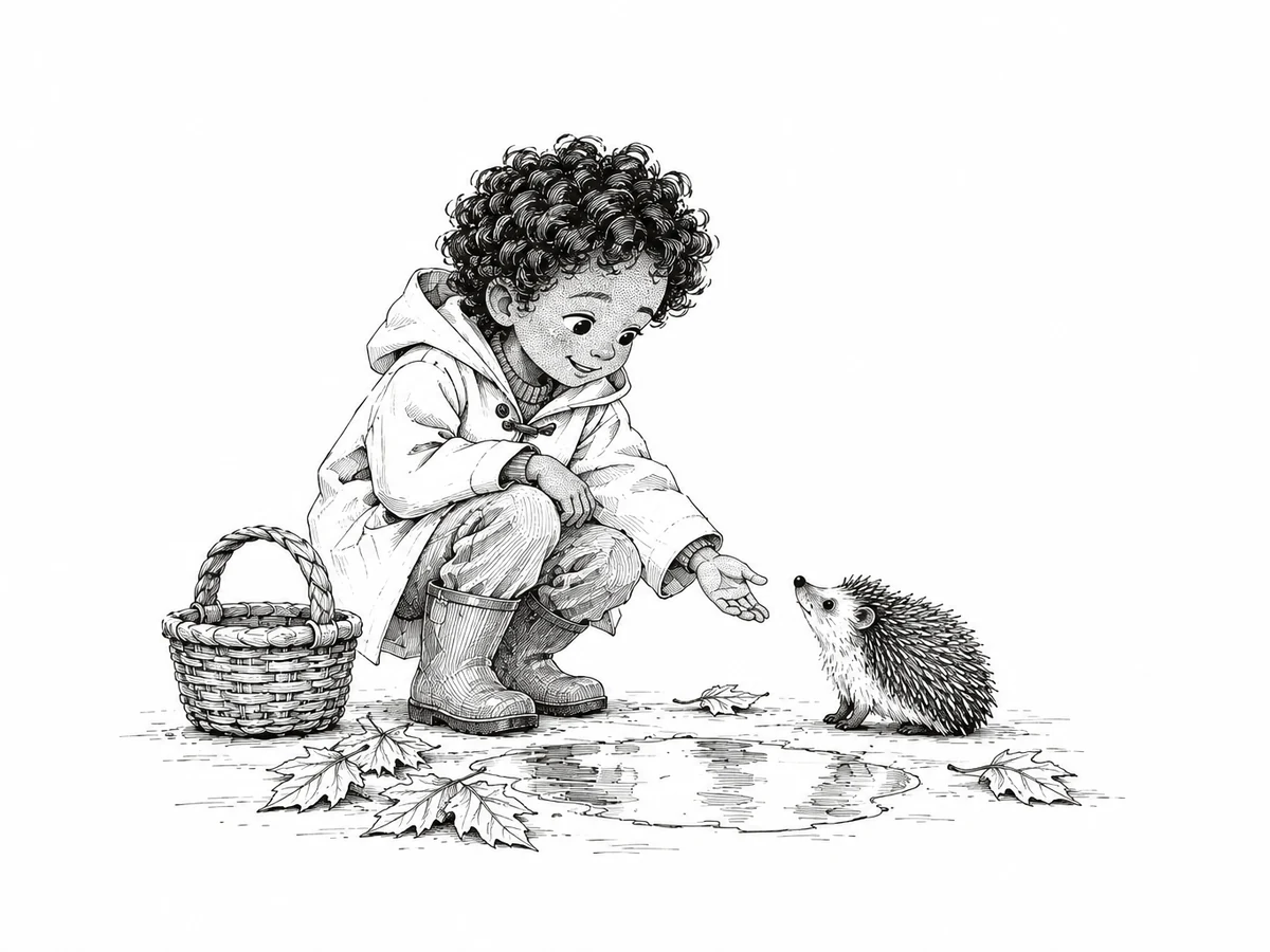 black-and-white children's book illustration of a boy in a raincoat meeting a hedgehog, Line Art & Ink style