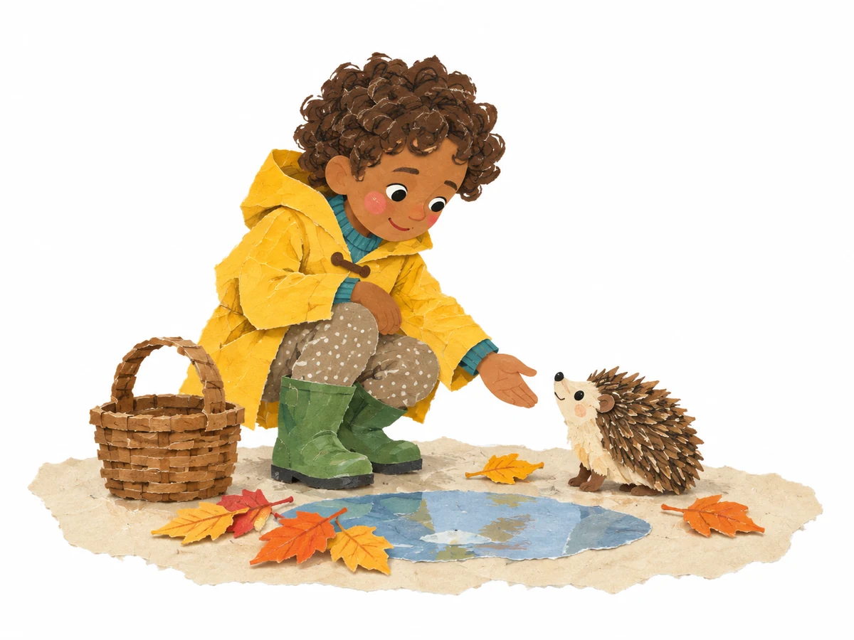 children's book illustration of a boy in a yellow raincoat meeting a hedgehog, Mixed Media & Collage style