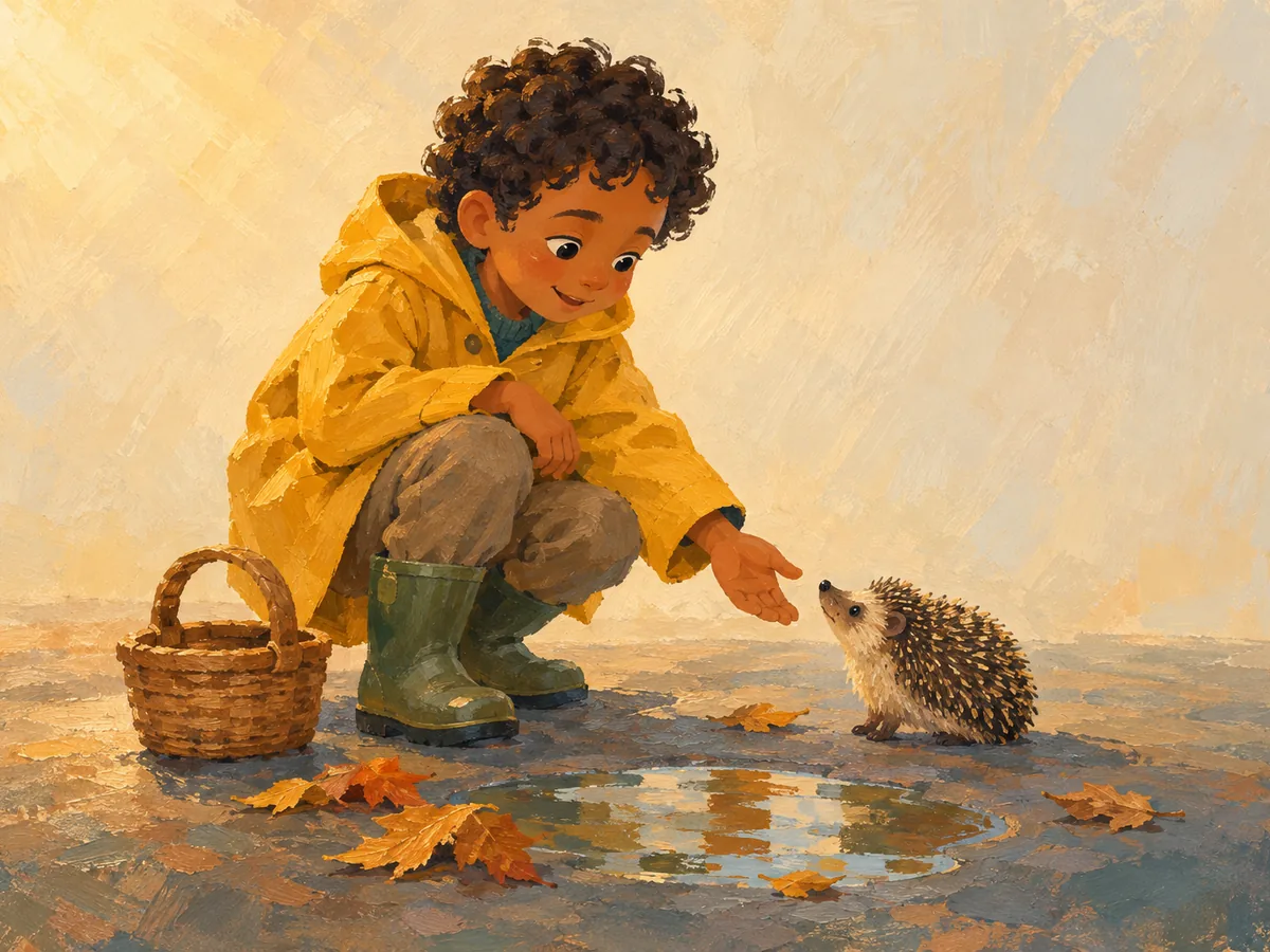 children's book illustration of a boy in a yellow raincoat meeting a hedgehog, Painterly & Textured style