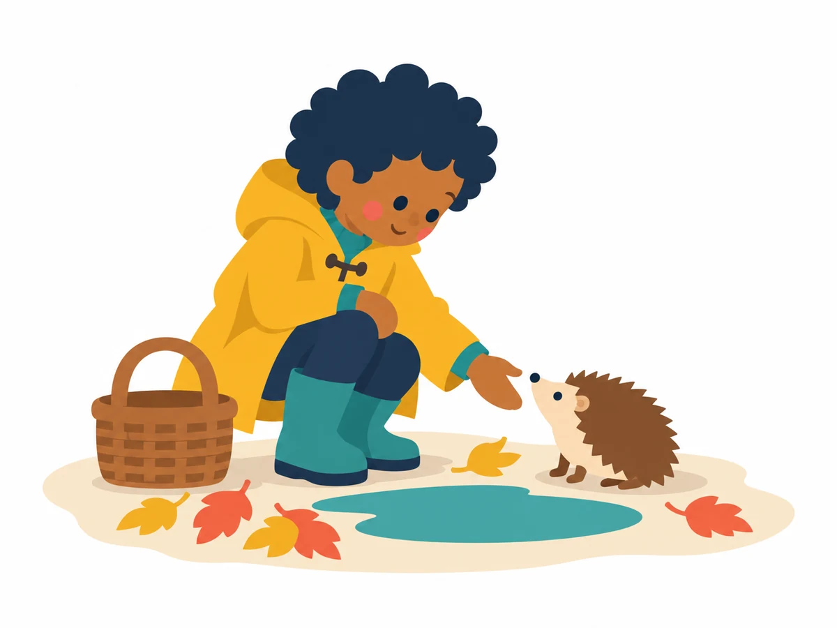 children's book illustration of a boy in a yellow raincoat meeting a hedgehog, Vector & Flat style