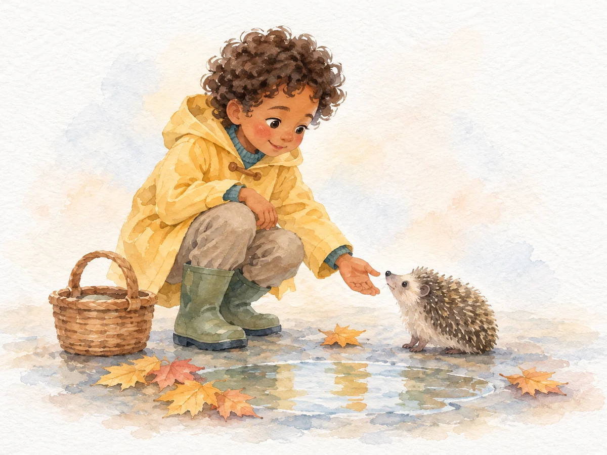 children's book illustration of a boy in a yellow raincoat meeting a hedgehog, Watercolor & Soft style